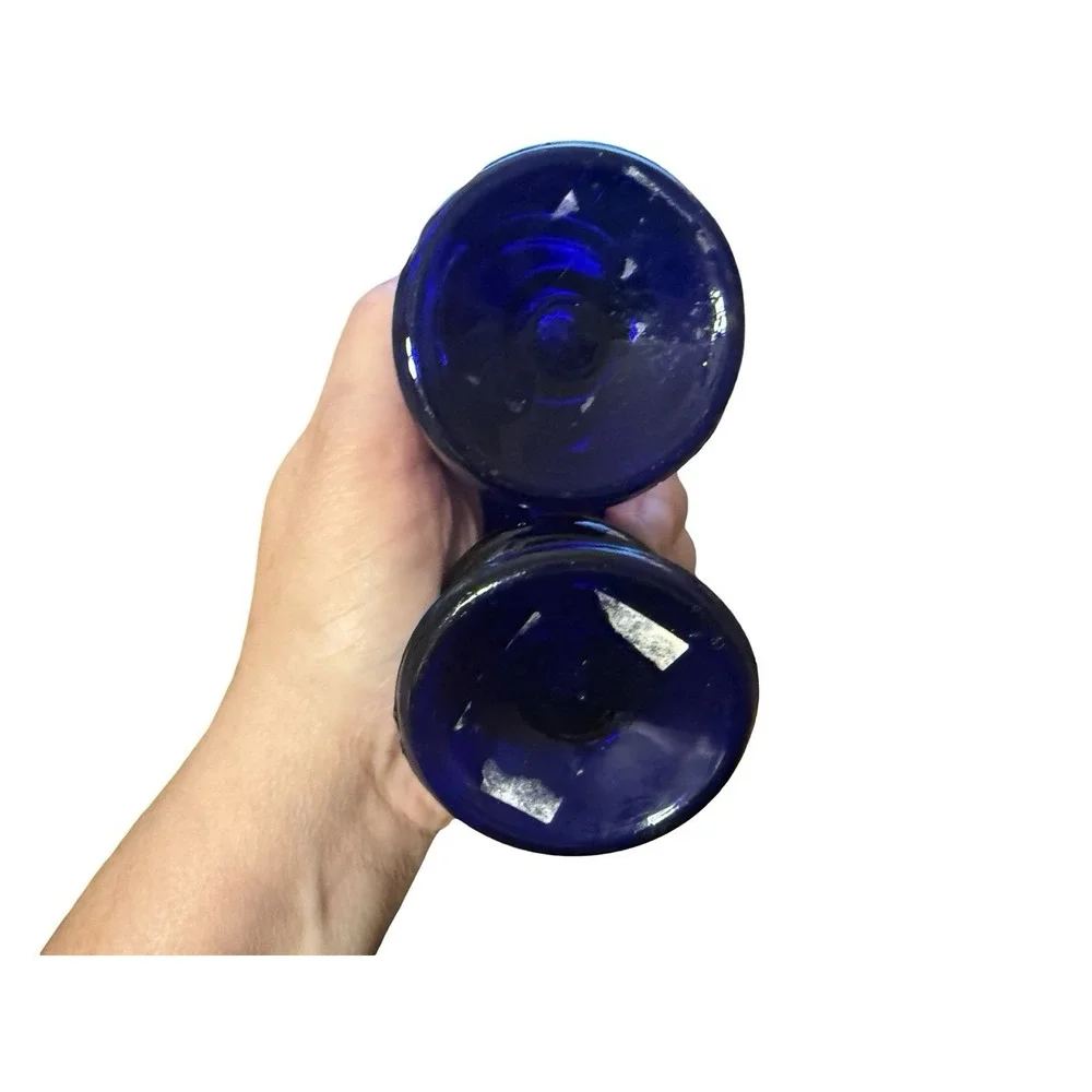 Vtg Short Dark Cobalt Blue Glass Candle Stick Holder Set 2.5